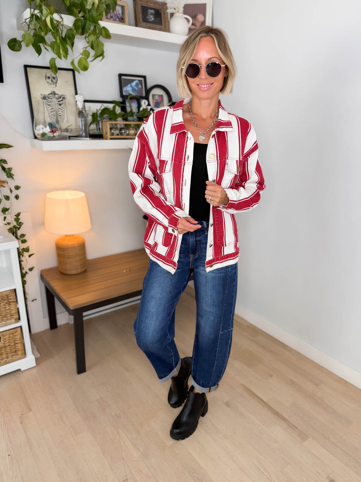 Jessie Vintage Striped Denim Jacket- RED