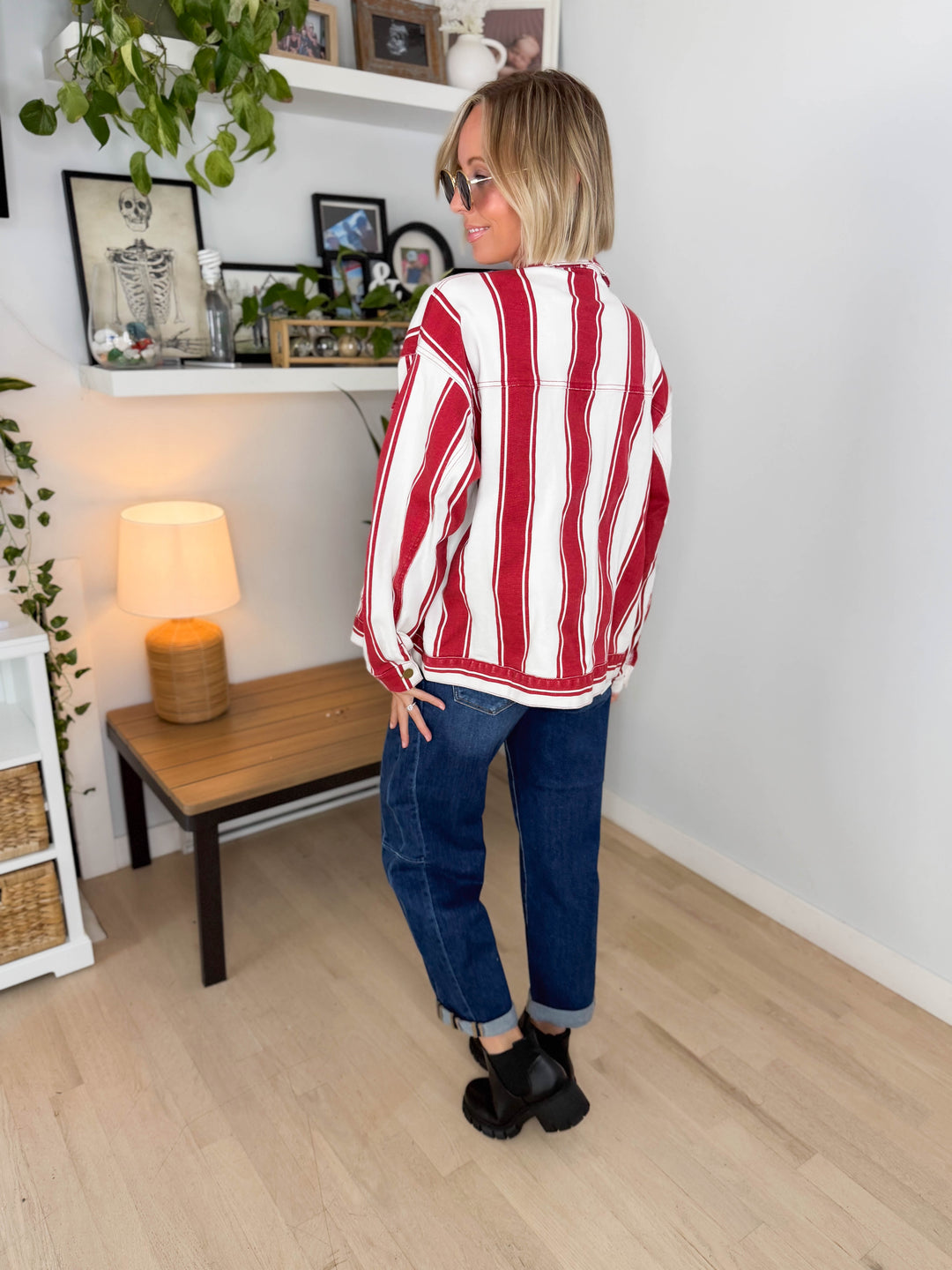 Jessie Vintage Striped Denim Jacket- RED