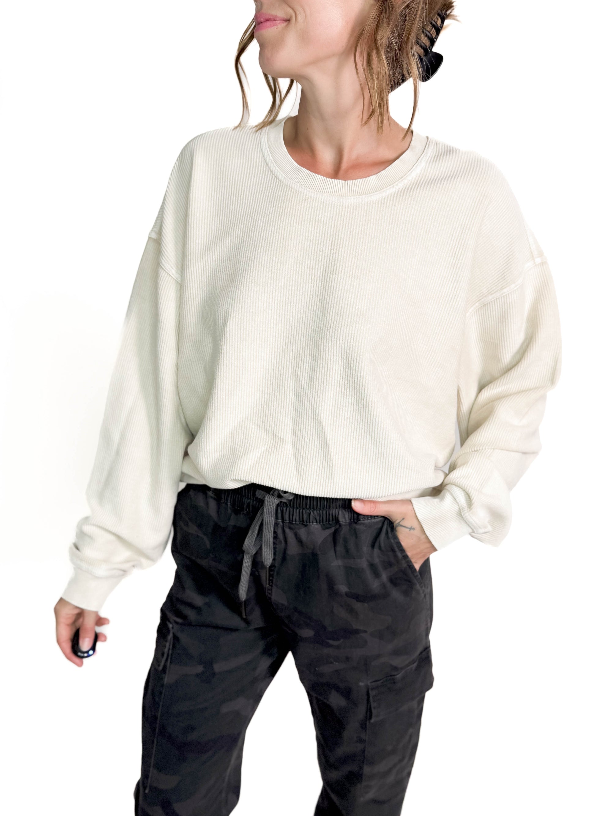 Alexandra Cropped Thermal Pullover- VANILLA