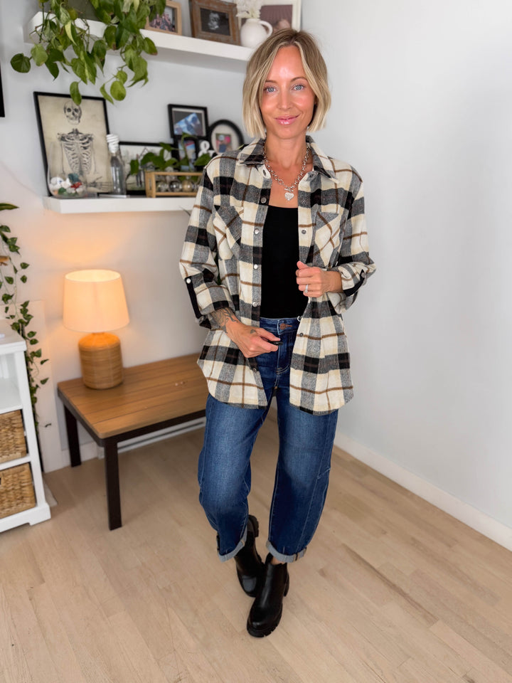 Aldo Brushed Plaid Shacket- IVORY/BLACK