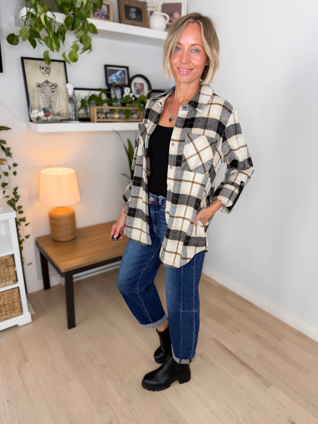 Aldo Brushed Plaid Shacket- IVORY/BLACK