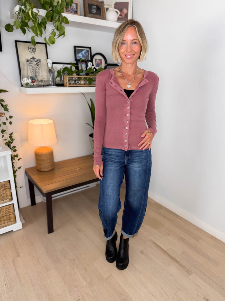 Dottie Button Front Long Sleeve- MAUVE