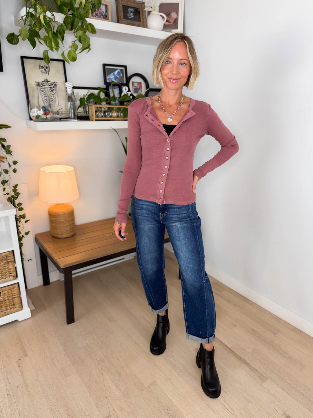 Dottie Button Front Long Sleeve- MAUVE