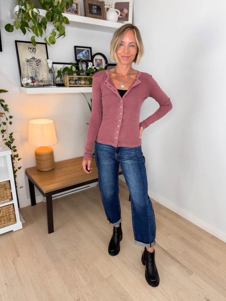 Dottie Button Front Long Sleeve- MAUVE