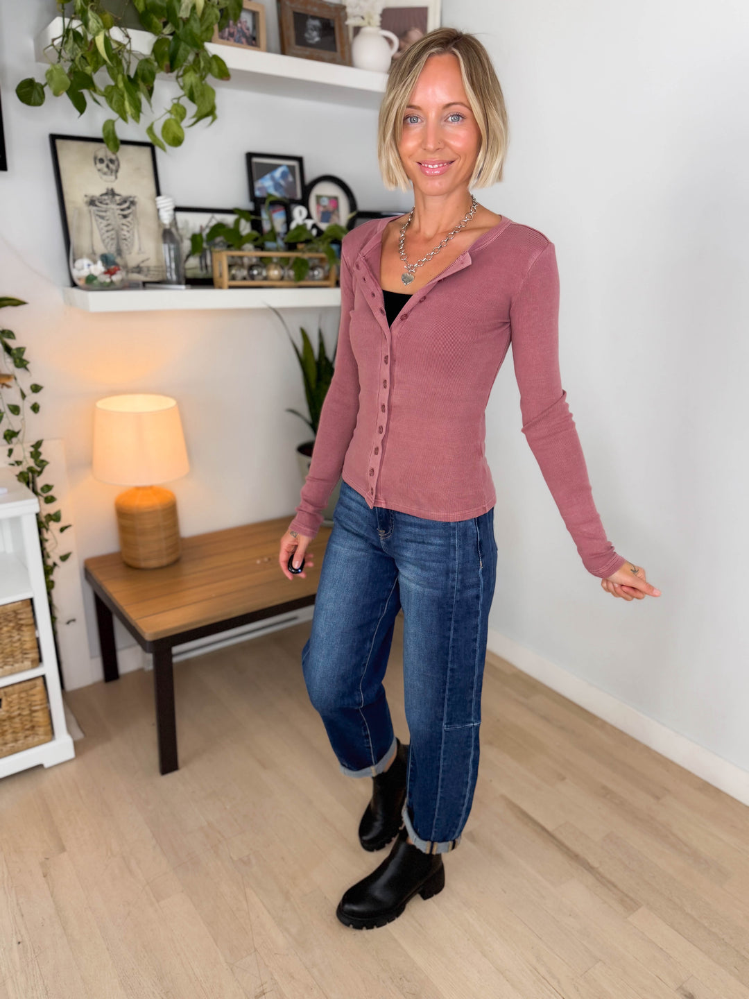 Dottie Button Front Long Sleeve- MAUVE