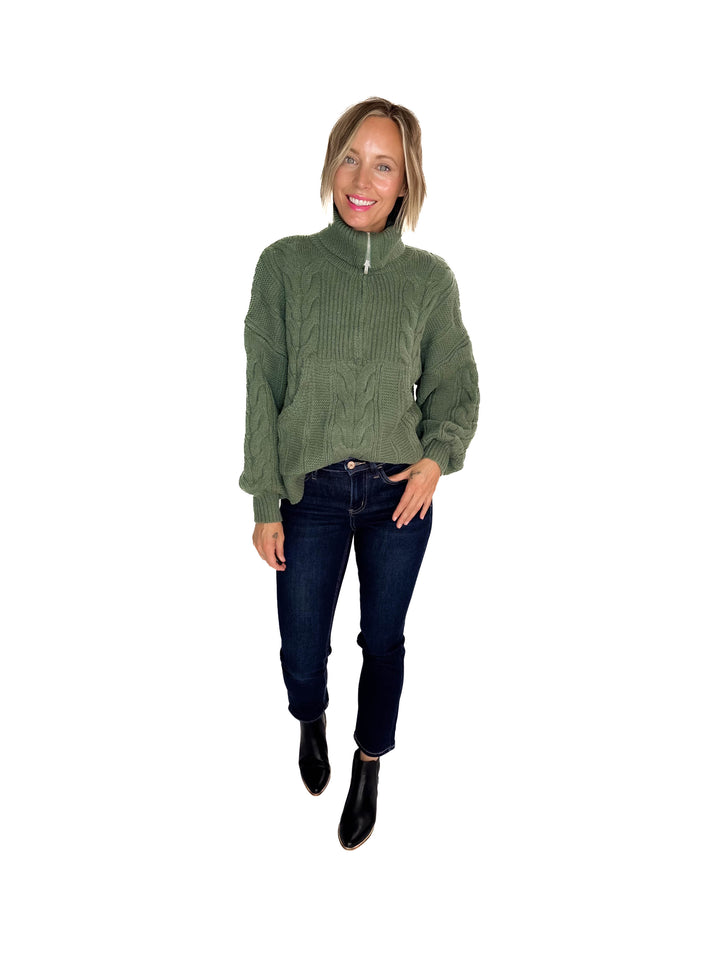 Kiki Cable Knit 1/2 Zip Sweater- SAGE