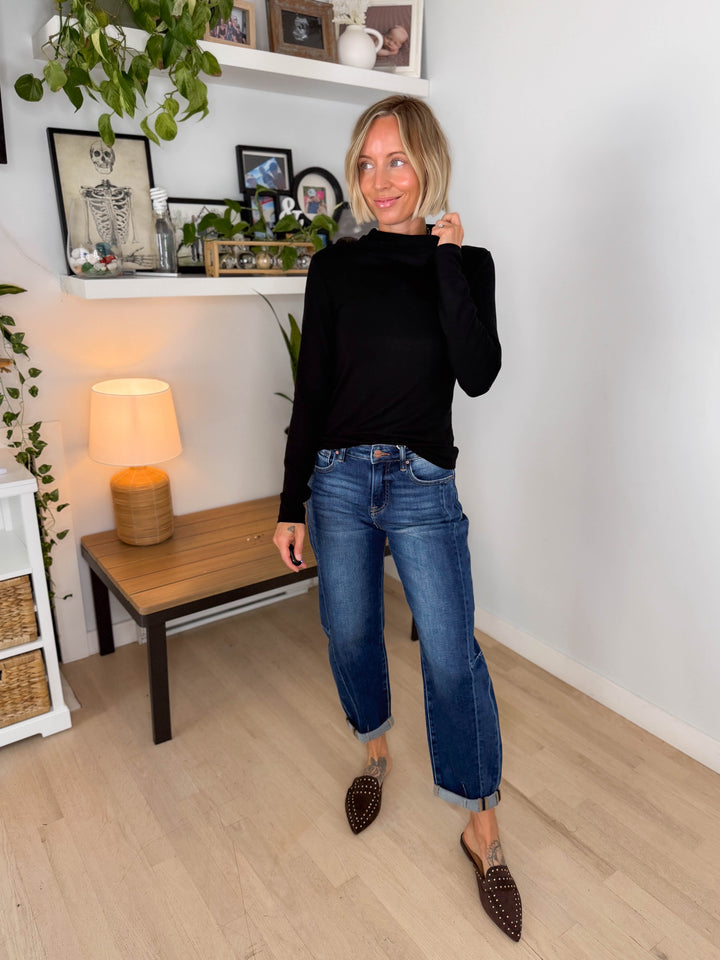 Maxine Soft Knit Turtleneck Long Sleeve Tee- BLACK