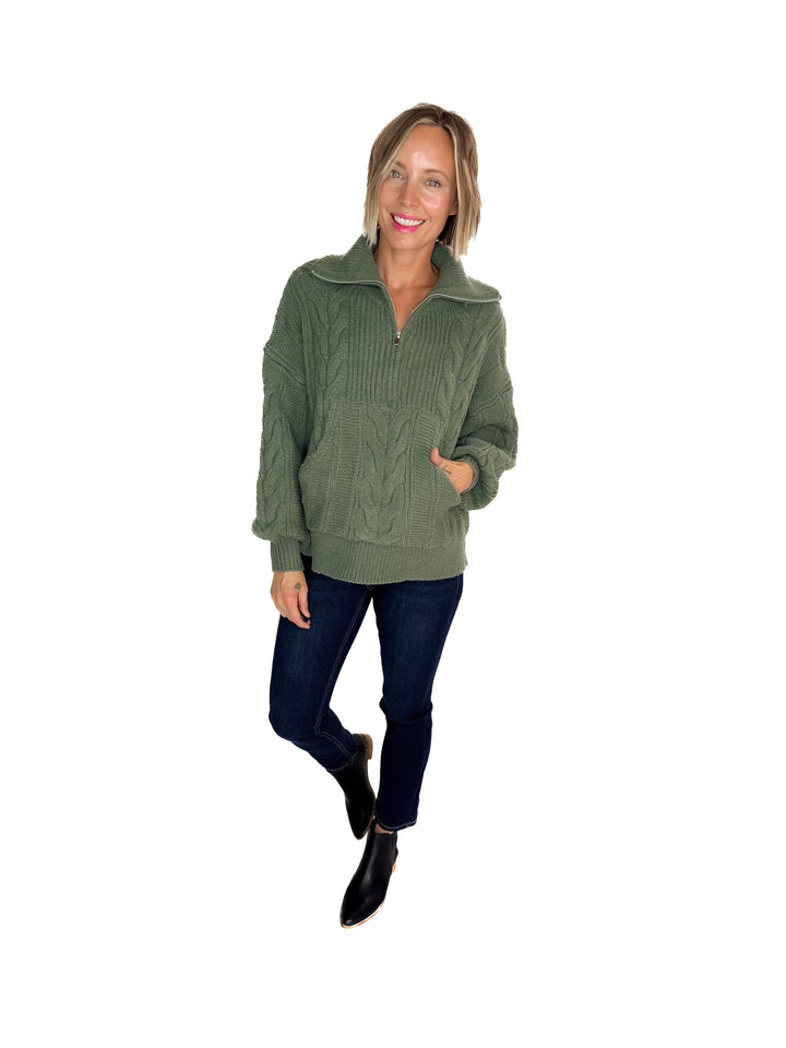 Kiki Cable Knit 1/2 Zip Sweater- SAGE
