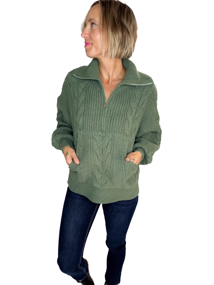 Kiki Cable Knit 1/2 Zip Sweater- SAGE