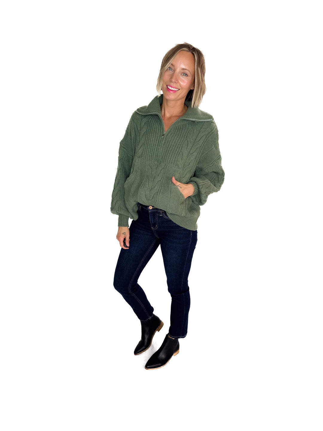 Kiki Cable Knit 1/2 Zip Sweater- SAGE