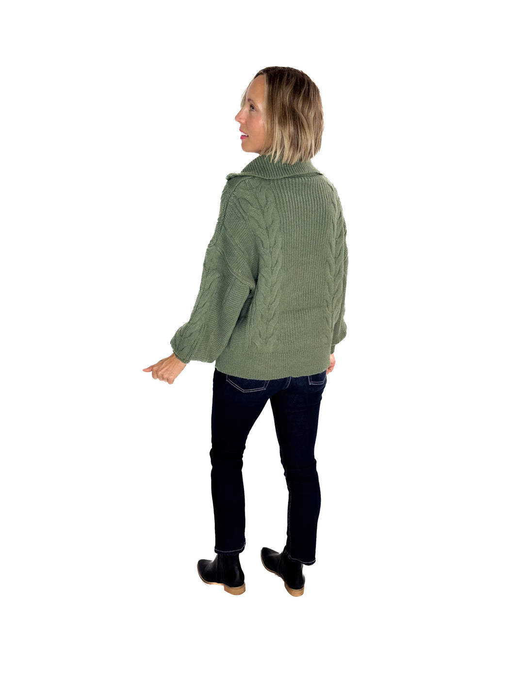 Kiki Cable Knit 1/2 Zip Sweater- SAGE