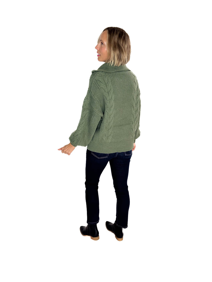 Kiki Cable Knit 1/2 Zip Sweater- SAGE