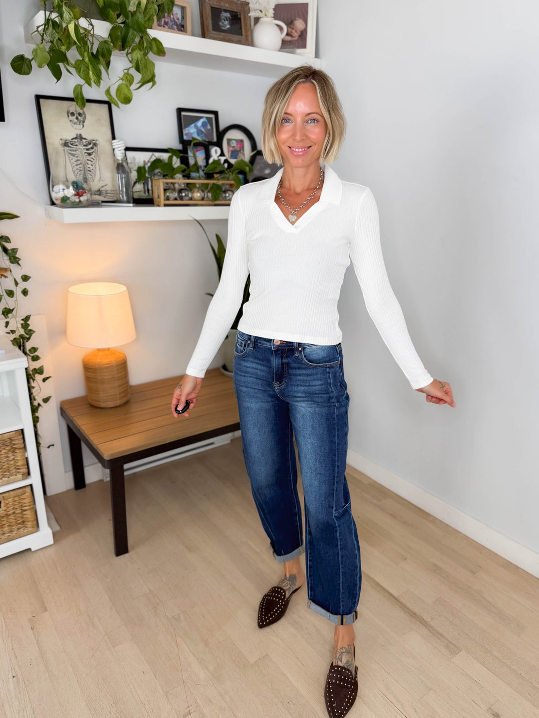 Only Daisy Long Sleeve Collar Top- CLOUD DANCER