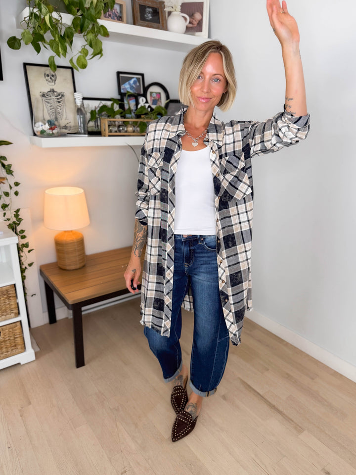 Spruce Bleached Plaid Duster- IVORY/NAVY
