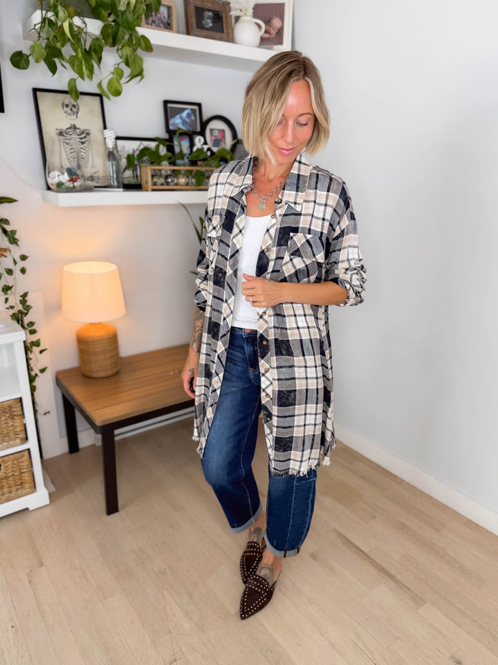 Spruce Bleached Plaid Duster- IVORY/NAVY