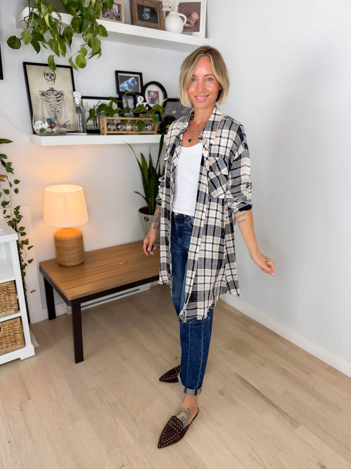 Spruce Bleached Plaid Duster- IVORY/NAVY