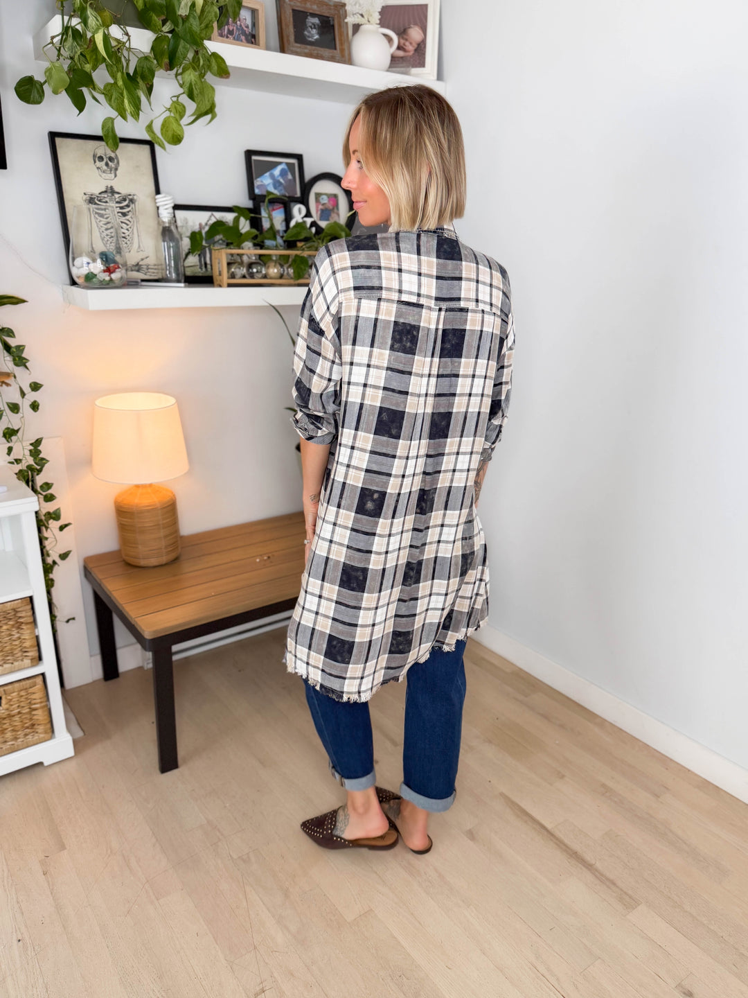 Spruce Bleached Plaid Duster- IVORY/NAVY