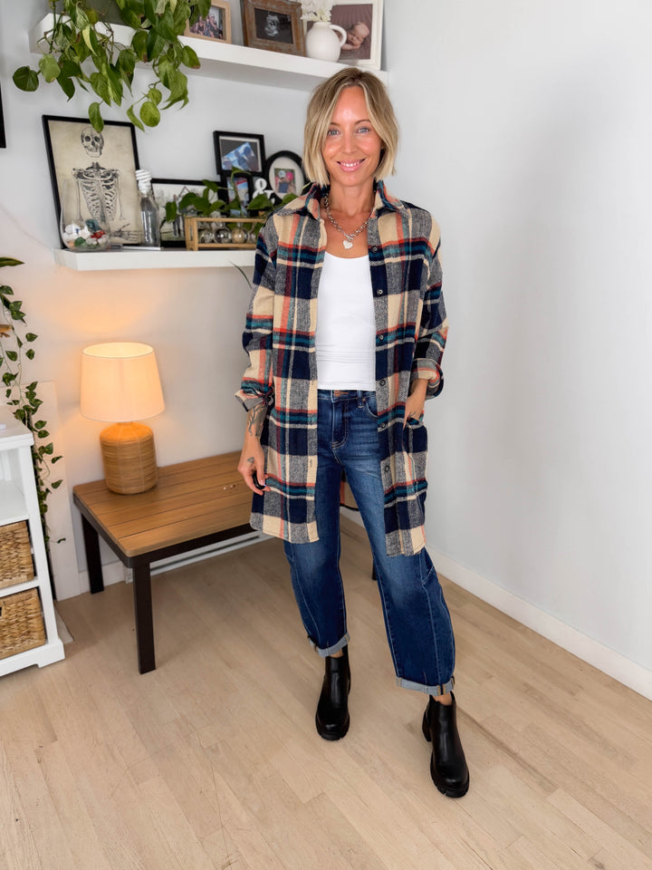 Renfrew Plaid Shacket- NAVY/TAUPE