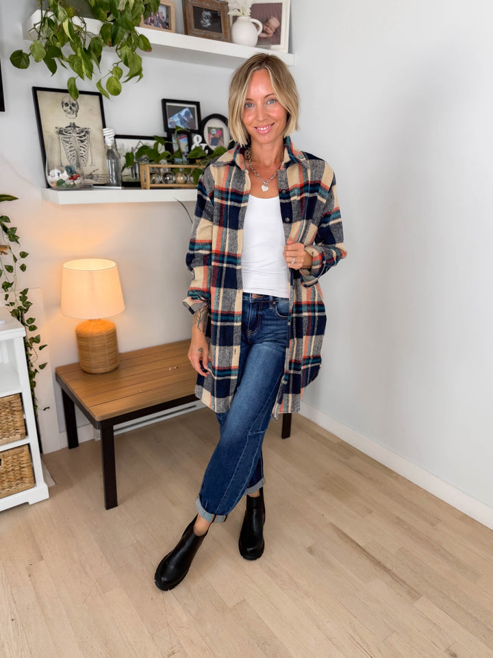 Renfrew Plaid Shacket- NAVY/TAUPE