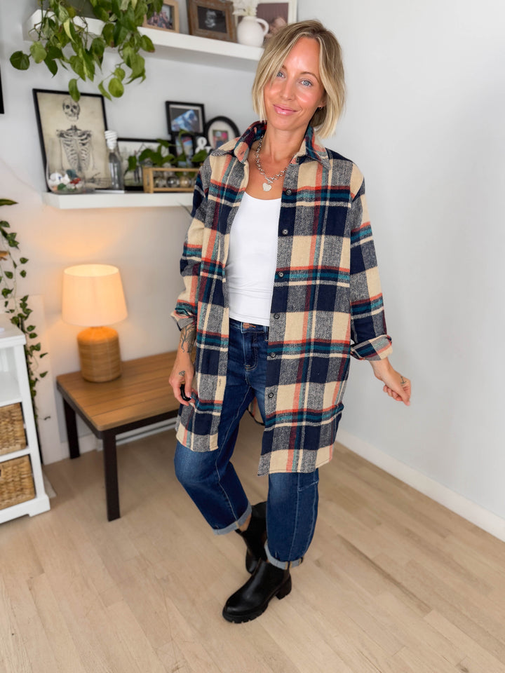 Renfrew Plaid Shacket- NAVY/TAUPE