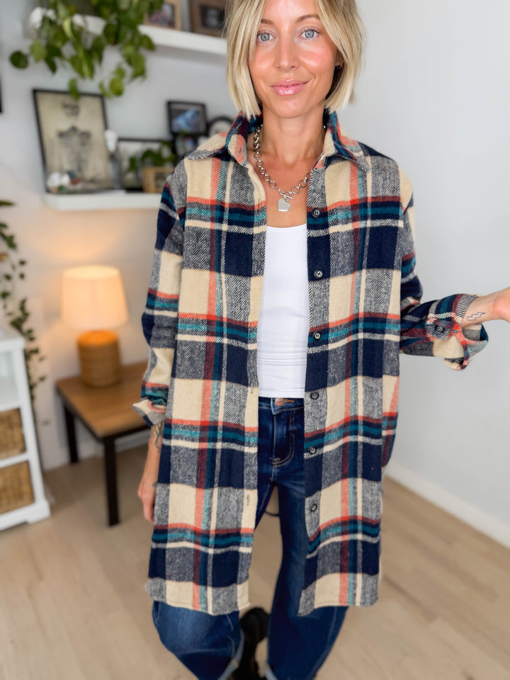 Renfrew Plaid Shacket- NAVY/TAUPE