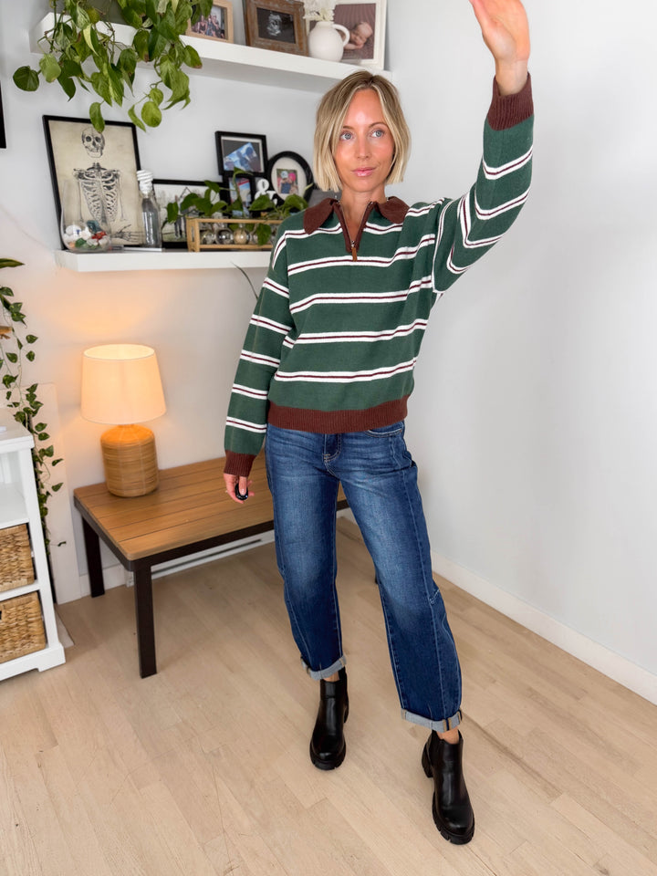 Hawthorn Polo 1/4 Zip Sweater- BROWN/GREEN