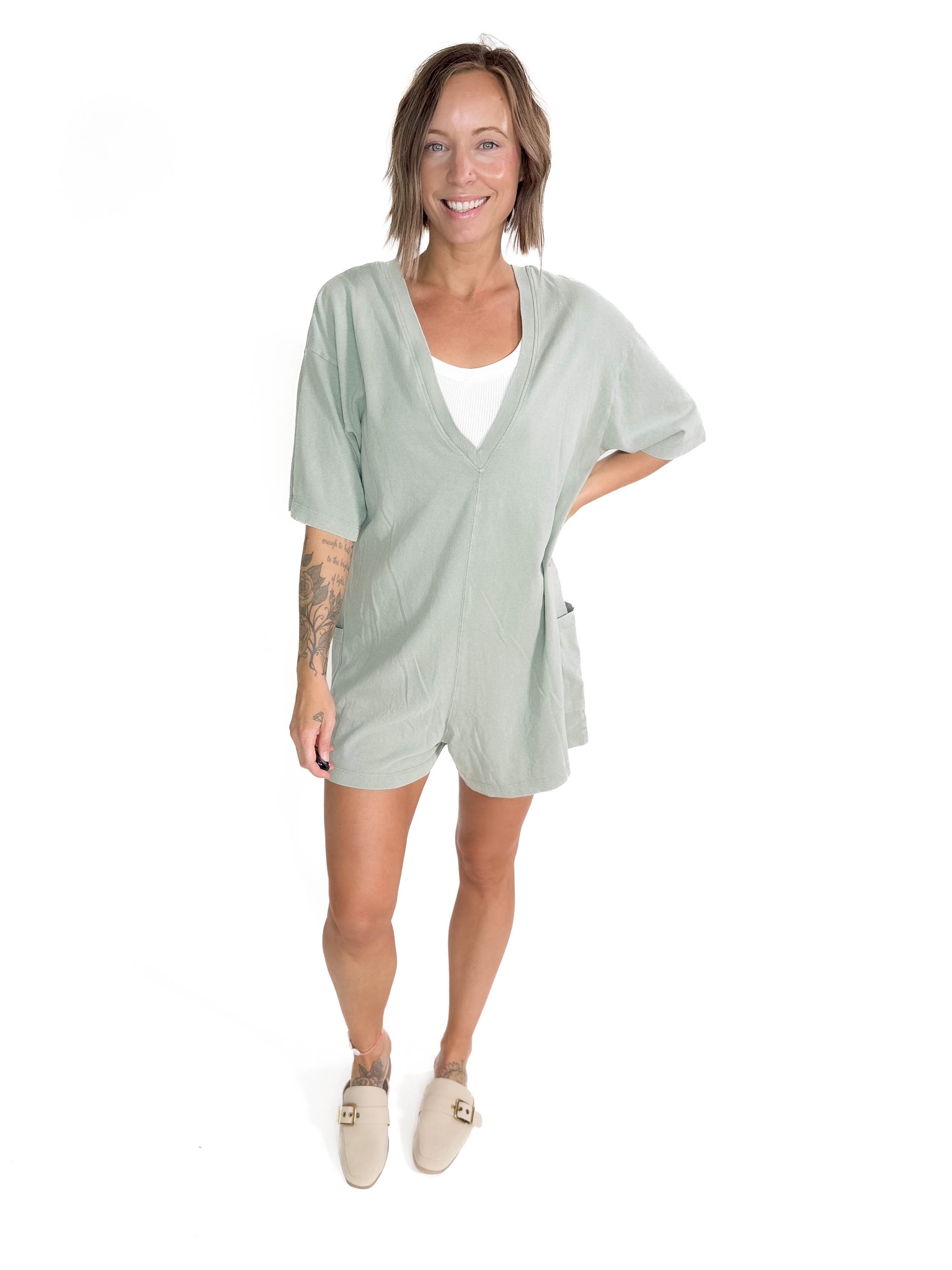 Arizona Cotton Reversible Pocket Romper- SAGE GREEN