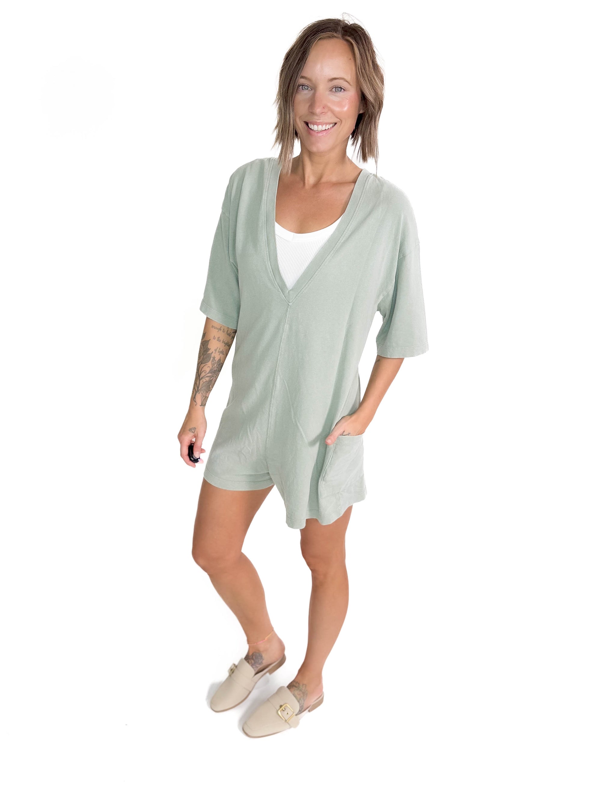 Arizona Cotton Reversible Pocket Romper- SAGE GREEN