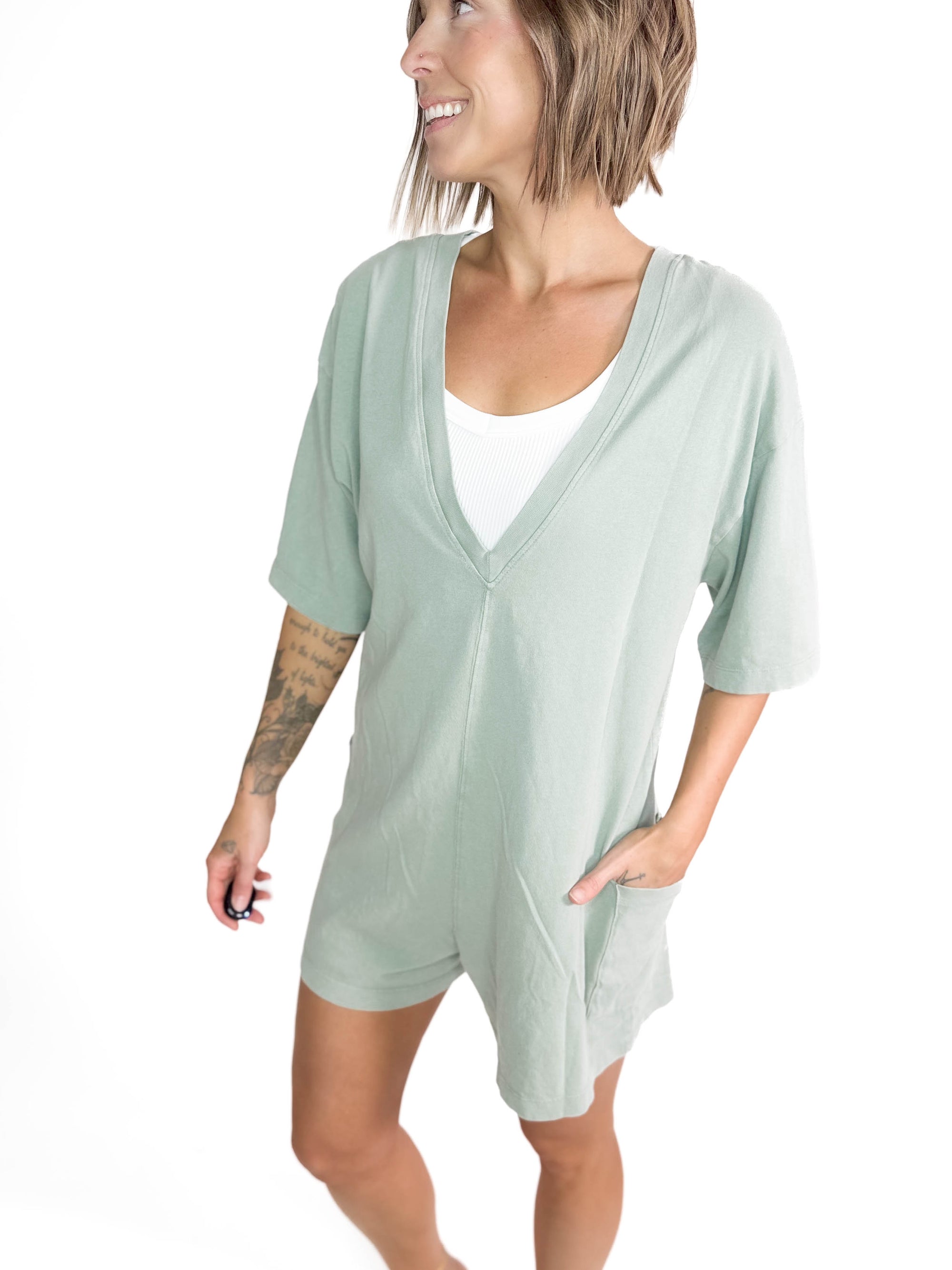 Arizona Cotton Reversible Pocket Romper- SAGE GREEN