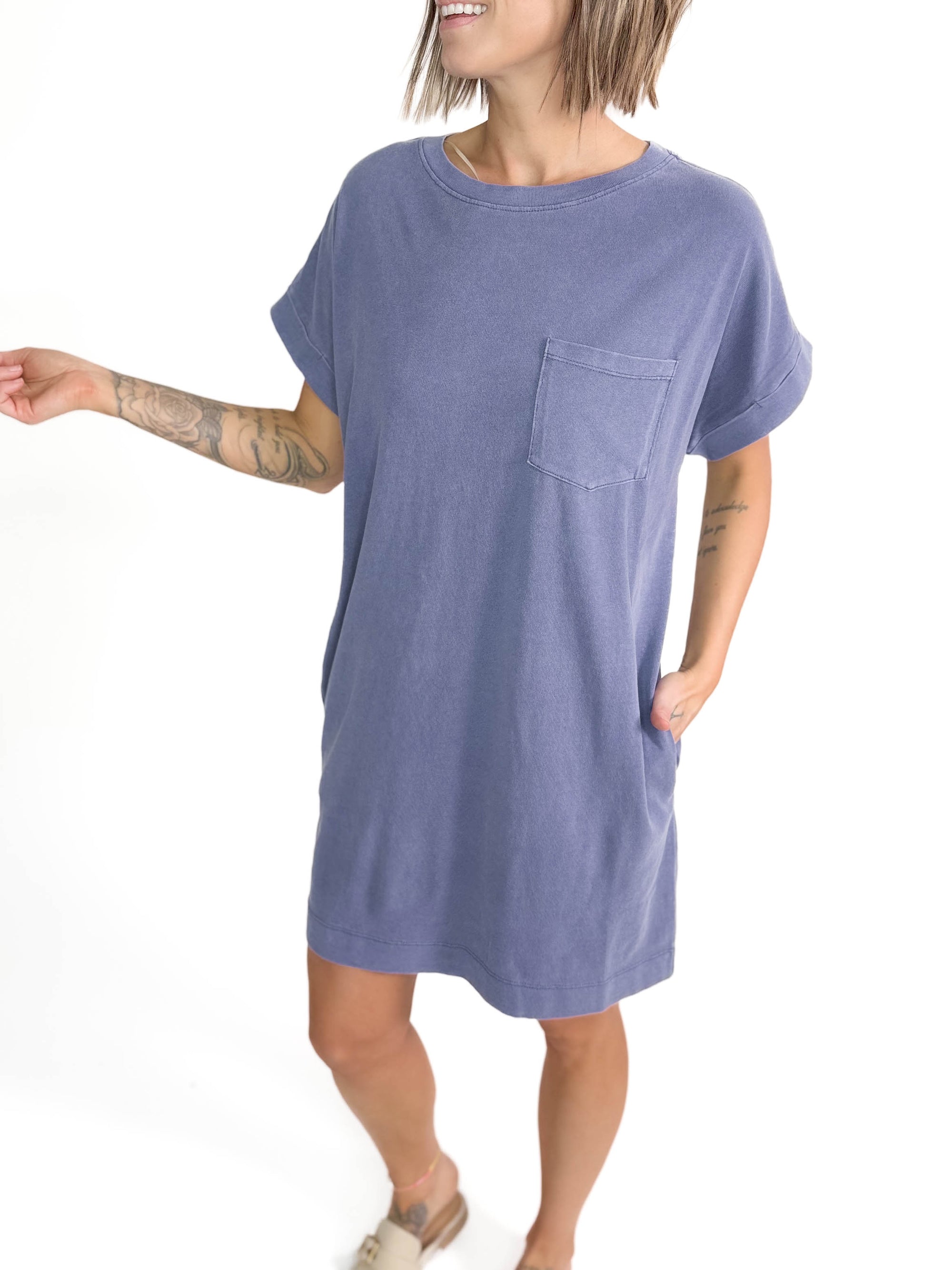 Freedom Cotton T-Shirt Dress- DUSTY INDIGO