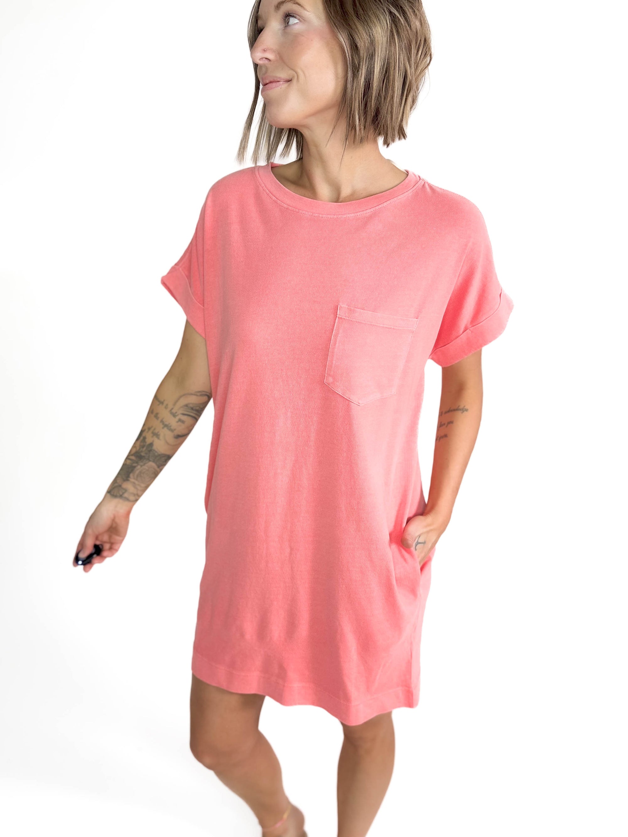 Freedom Cotton T-Shirt Dress- CORAL