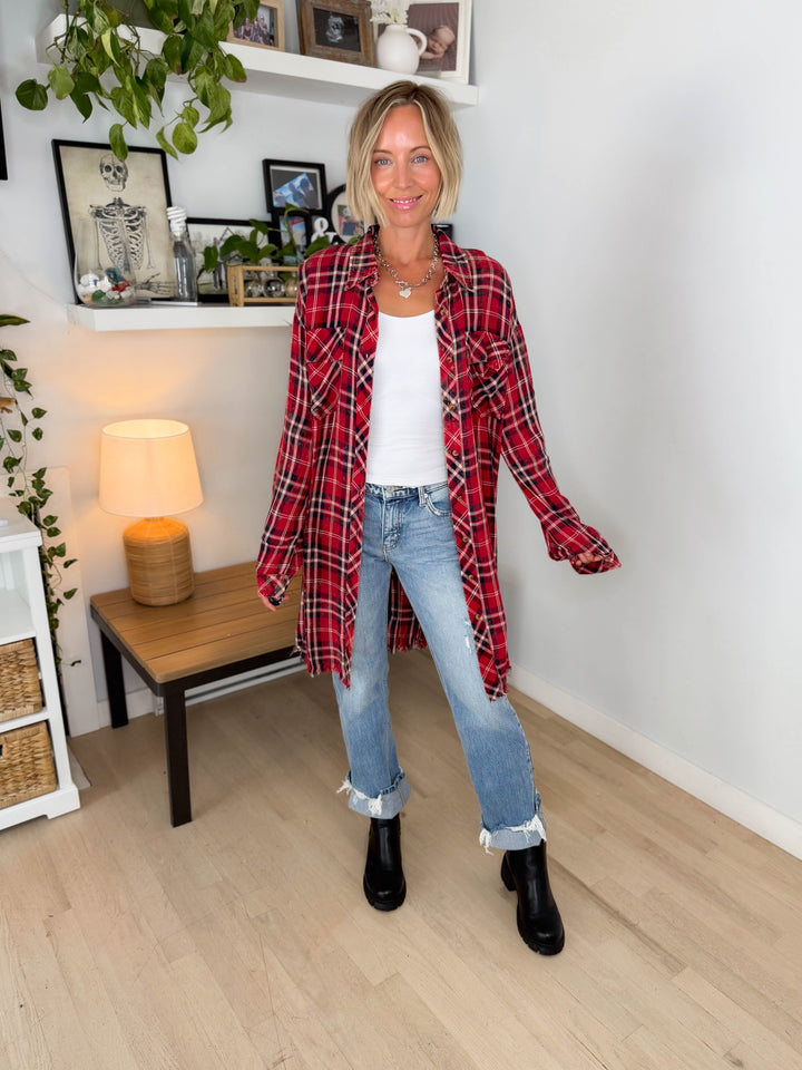 Spruce Bleached Plaid Duster- WASHED RED