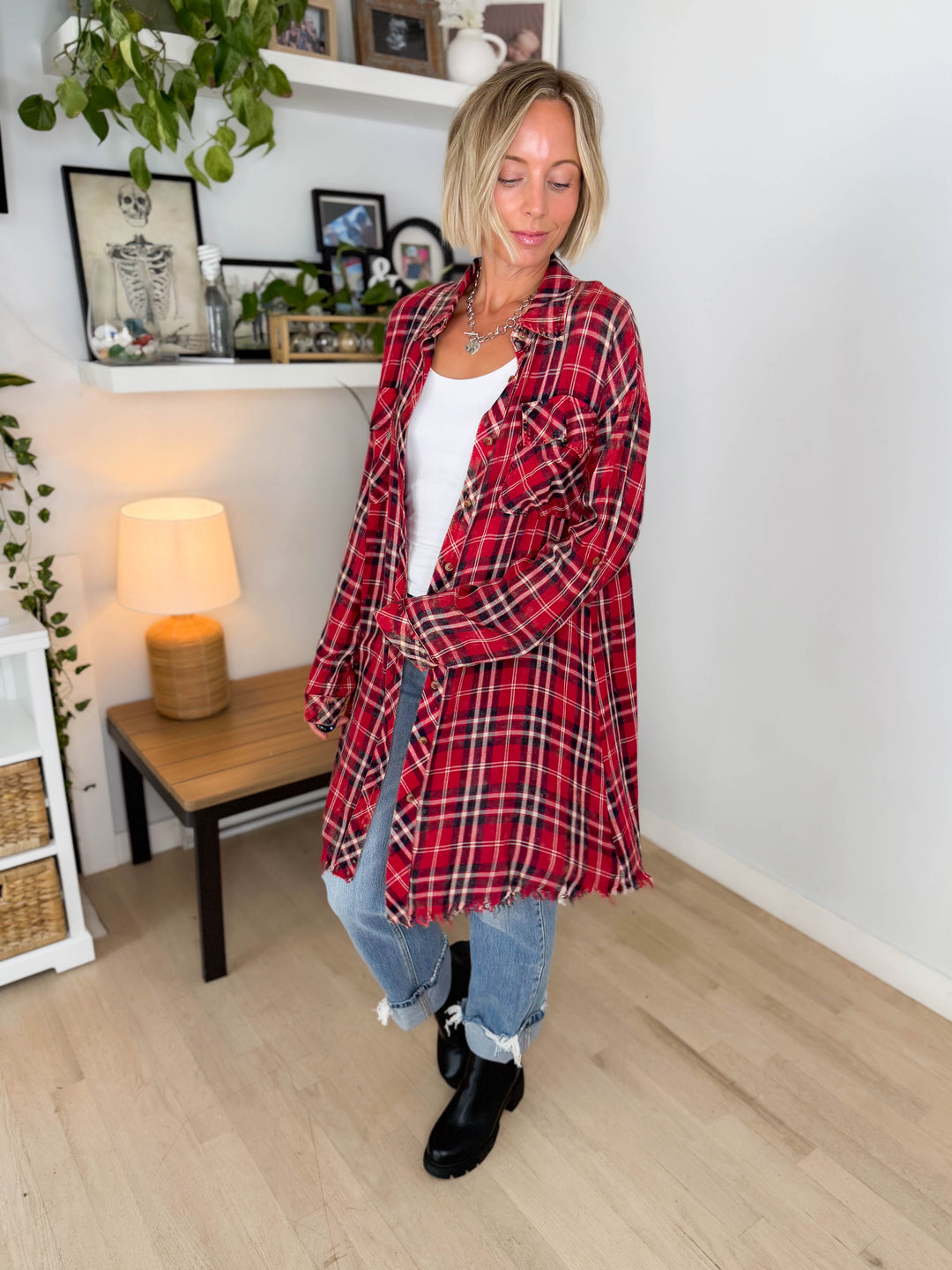 Spruce Bleached Plaid Duster- WASHED RED