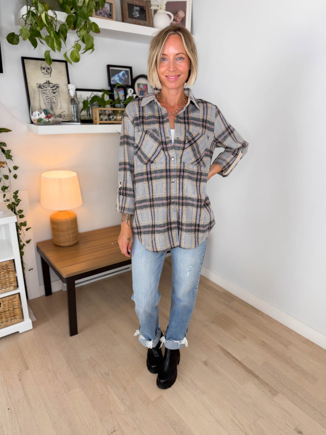 Chai Plaid Shacket- LIGHT BLUE MIX