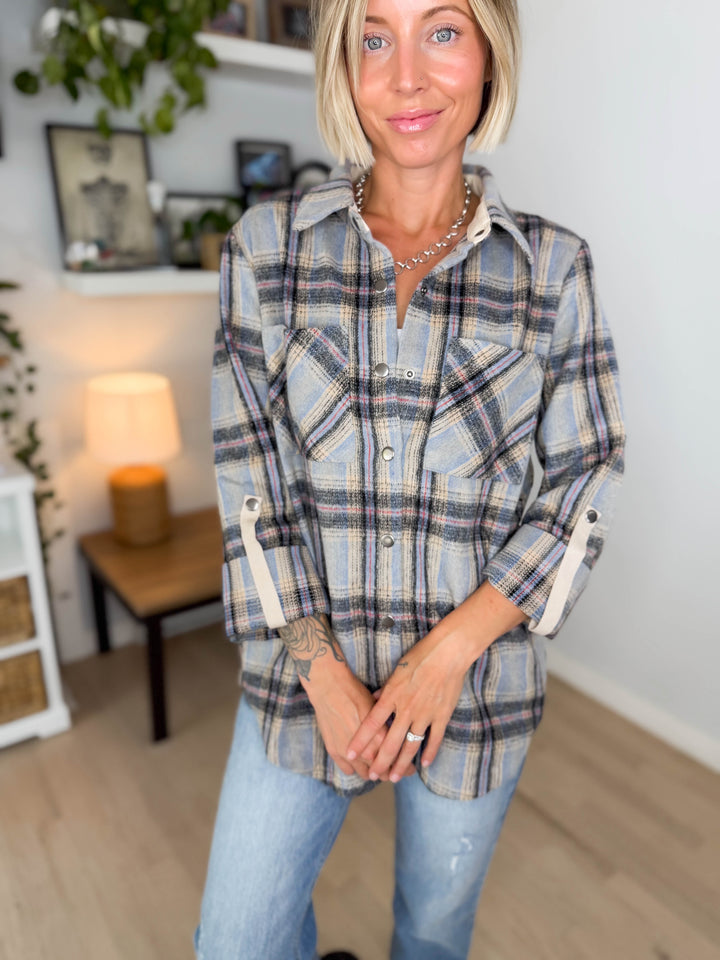 Chai Plaid Shacket- LIGHT BLUE MIX