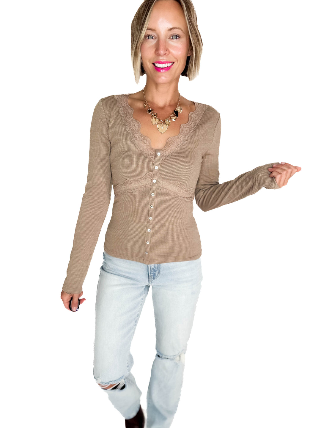 Darla Lace Trim Detail Long Sleeve Rib Top- MOCHA-FINAL SALE