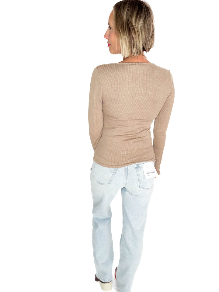 Darla Lace Trim Detail Long Sleeve Rib Top- MOCHA-FINAL SALE
