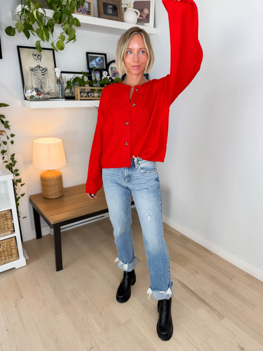 Laurel Button Down Sweater- RED