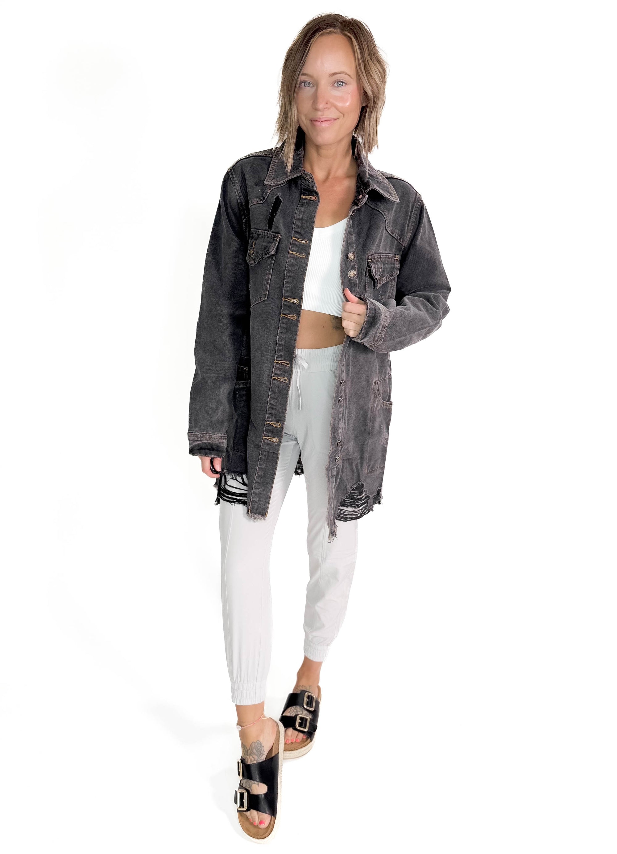 Benton Distressed Denim Jacket- BLACK