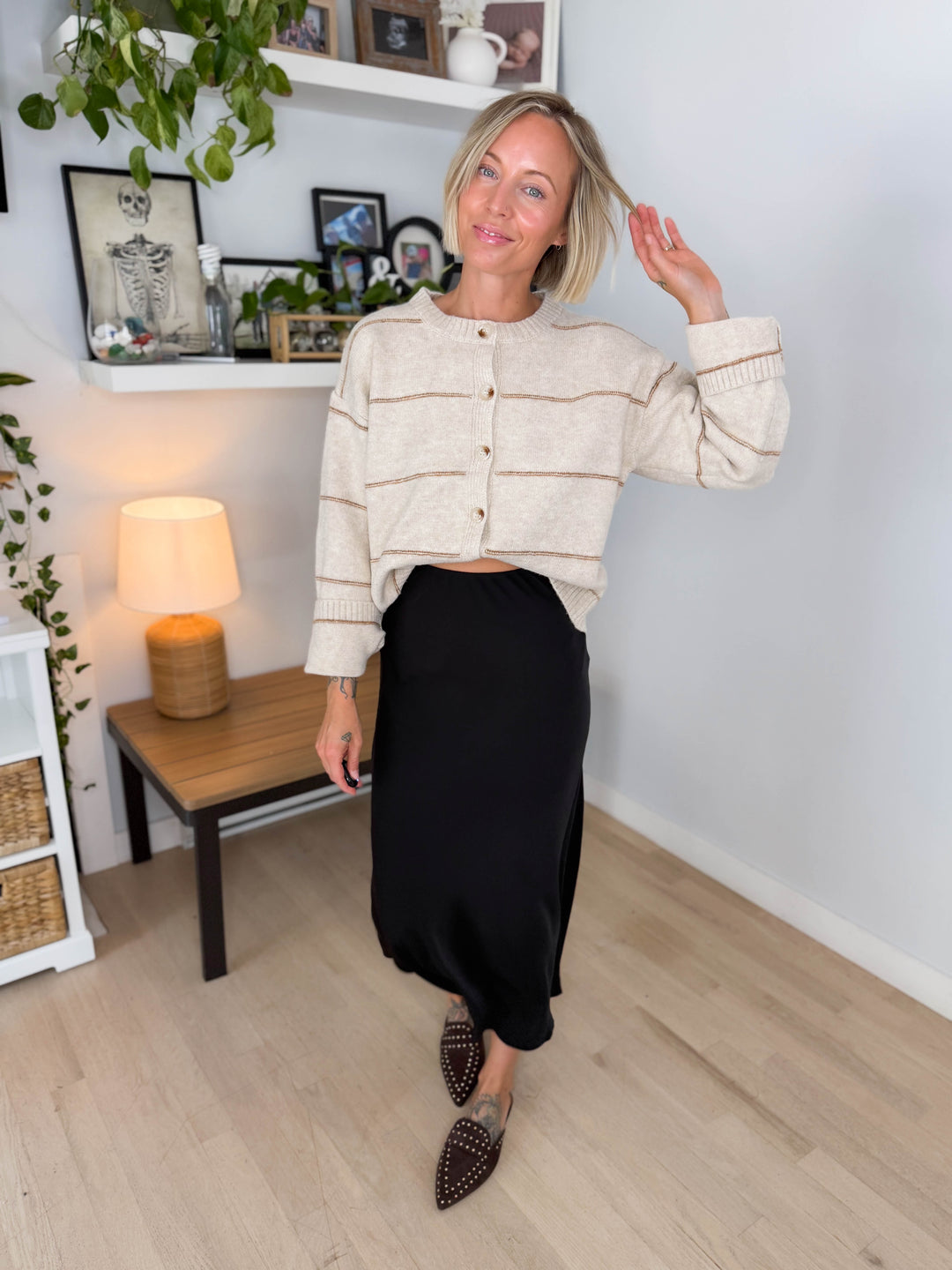 Copper Button Down Cardigan- TAUPE MULTI