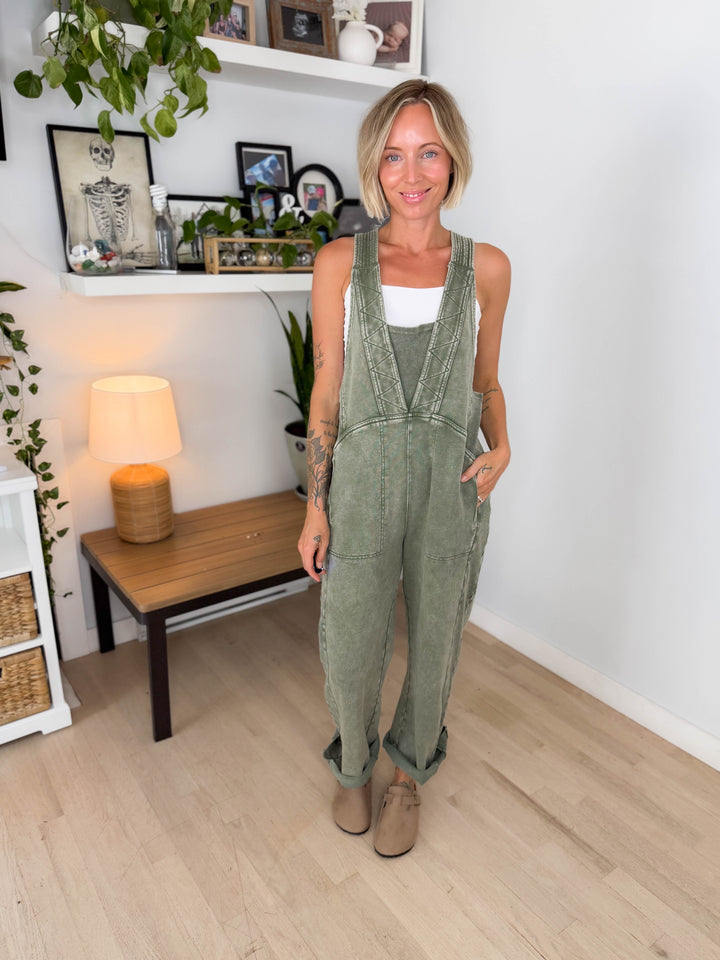 Elmwerth Mineral Washed Jumpsuit- OLIVE