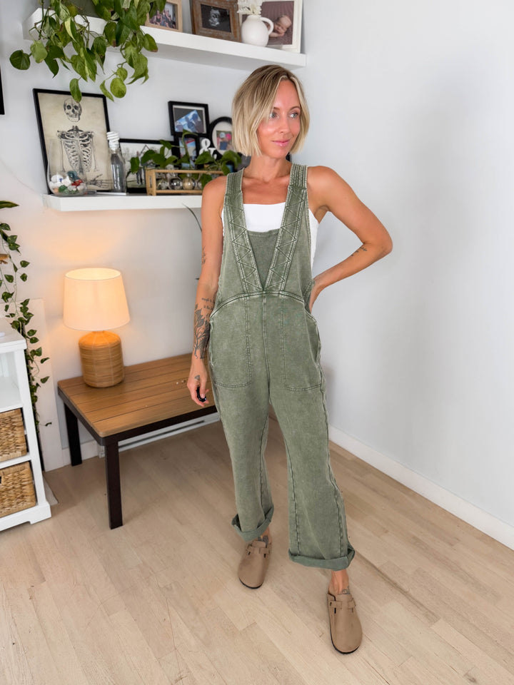 Elmwerth Mineral Washed Jumpsuit- OLIVE