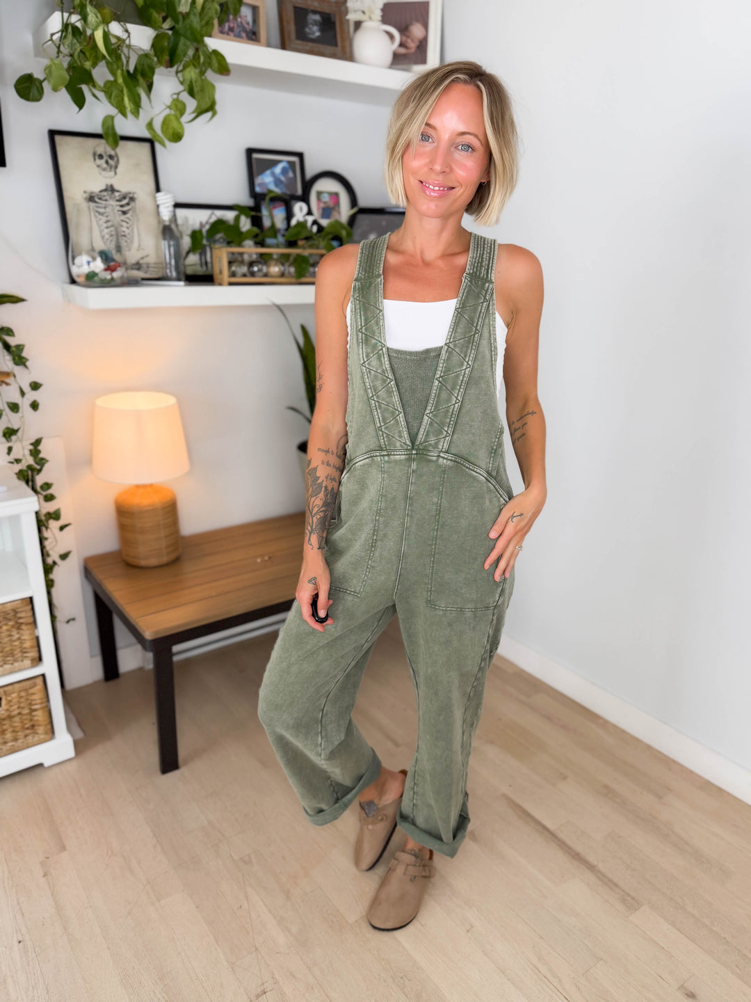 Elmwerth Mineral Washed Jumpsuit- OLIVE
