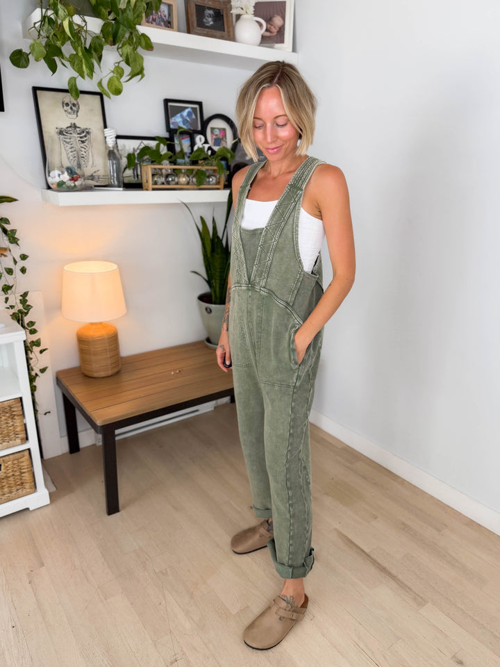 Elmwerth Mineral Washed Jumpsuit- OLIVE