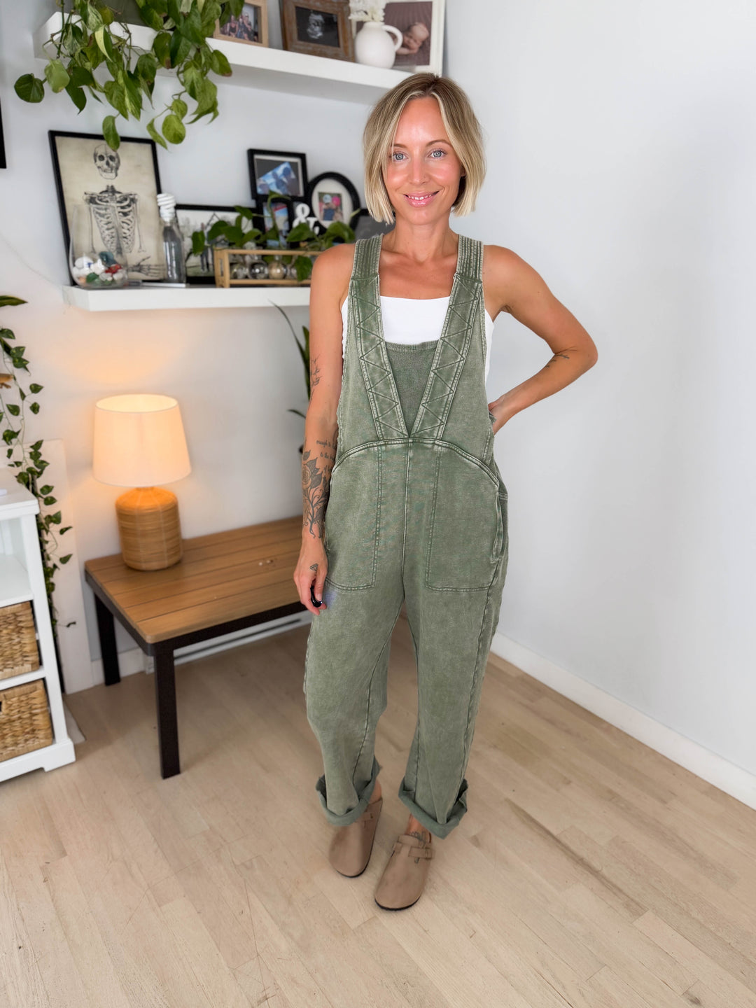 Elmwerth Mineral Washed Jumpsuit- OLIVE