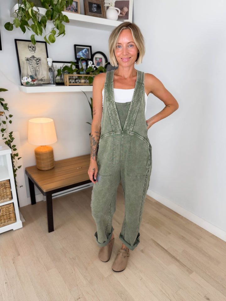 Elmwerth Mineral Washed Jumpsuit- OLIVE