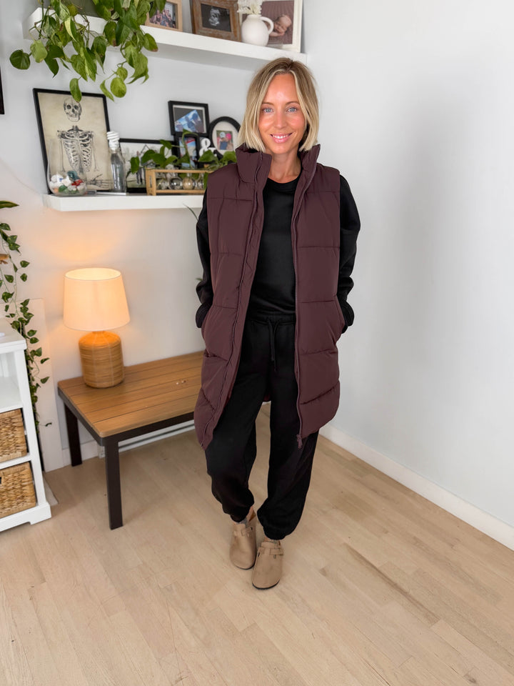 NOISY MAY Rosy Long Puffer Vest- CHOCOLATE