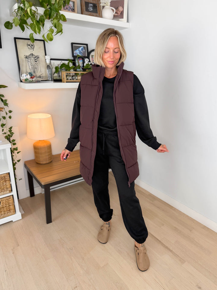 NOISY MAY Rosy Long Puffer Vest- CHOCOLATE