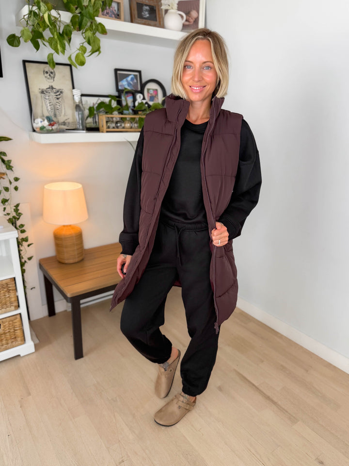 NOISY MAY Rosy Long Puffer Vest- CHOCOLATE