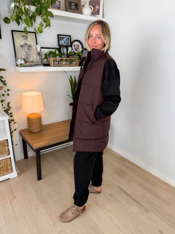 NOISY MAY Rosy Long Puffer Vest- CHOCOLATE